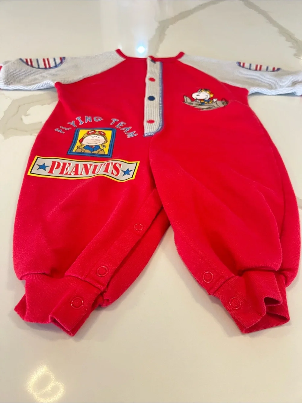 Vintage 80's/90's Peanuts Snoopy Flying Team Baby Romper 6-9M Red Flying Ace